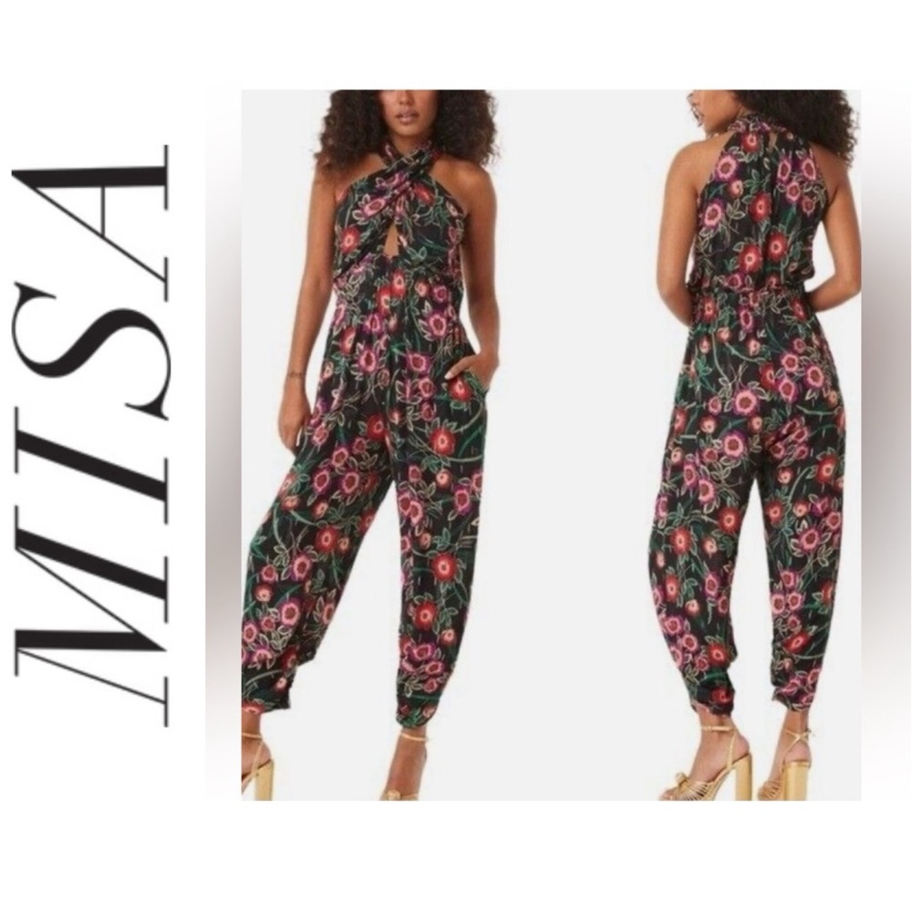 Misa Los Angeles Black Floral Halter-Neck Jumpsuit with Pink & Green Print